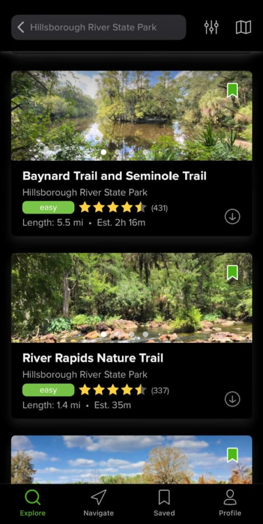 A screenshot of the All Trails app with the trails at Hillsborough River State Park