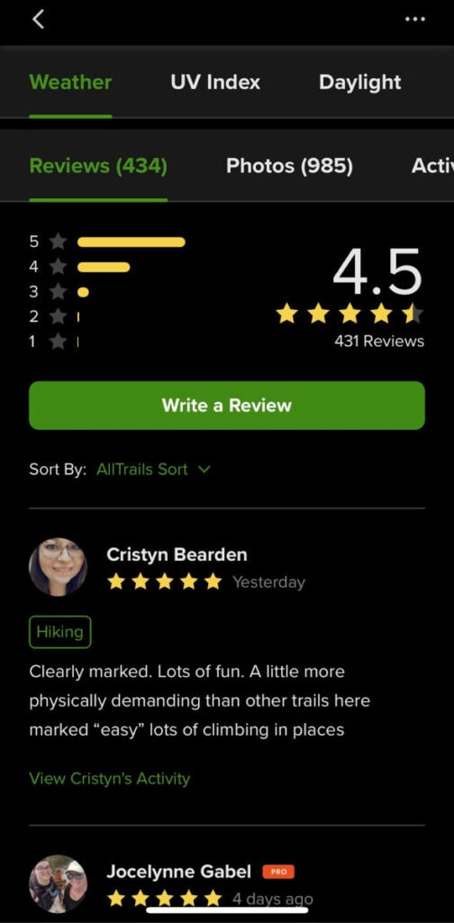 A screenshot of the All Trails app showing the reviews you can read.