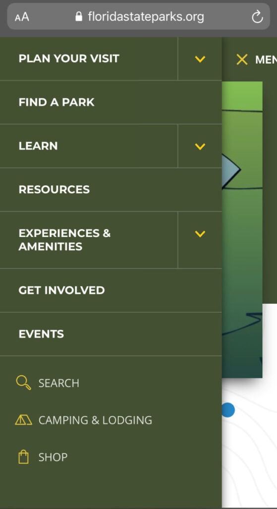 A screenshot of the Florida State Parks website navigation window.