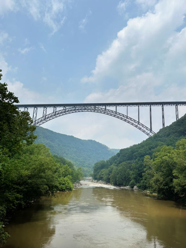 A view of the new river gorge bridge from the ground
