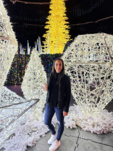 Me in front of a Christmas lights display.