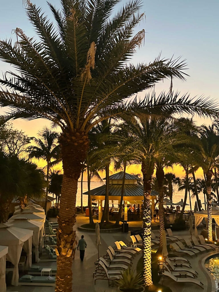 Palm trees and a gazebo with the sun setting in a background.